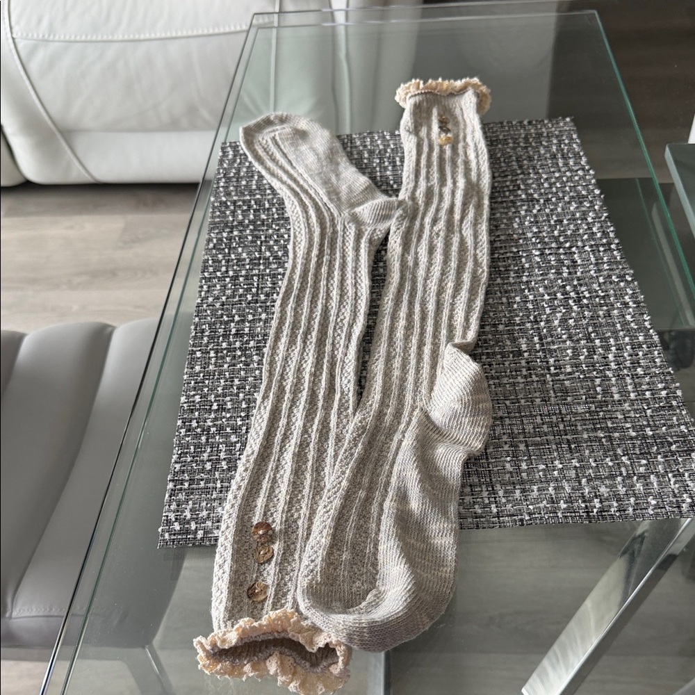 Free People Beige Ribbed Knee-High Socks with Lace Trim